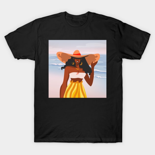 Hand drawn young happy black afro beauty female portrait in swimsuit and hat, beach scene background T-Shirt by Modern Art